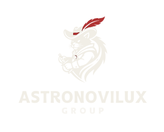 Logo der Astronovilux Group: eine Katze im Musketier-Mantel mit Federhut